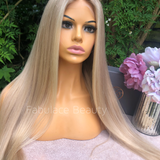 JESS - Warm light blonde with face framing highlights & natural roots - 12"- 28" - 150% density