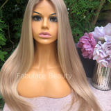 JESS - Warm light blonde with face framing highlights & natural roots - 12"- 28" - 150% density