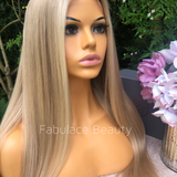 JESS - Warm light blonde with face framing highlights & natural roots - 12"- 28" - 150% density