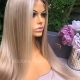 JESS - Warm light blonde with face framing highlights & natural roots - 12"- 28" - 150% density